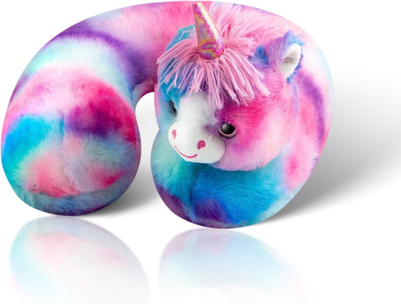 Cloudz Kids Super Soft N' Cuddly Animal Airplane Travel Neck Pillow! Keep Children Comfy and Supported with a Buddy While Traveling or just Resting at Home - Pink/Blue Unicorn - Image 1
